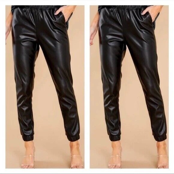 BB Dakota Women's Black Faux Leather Vegan Drawstring Jogger Pants - Size M - Picture 1 of 10